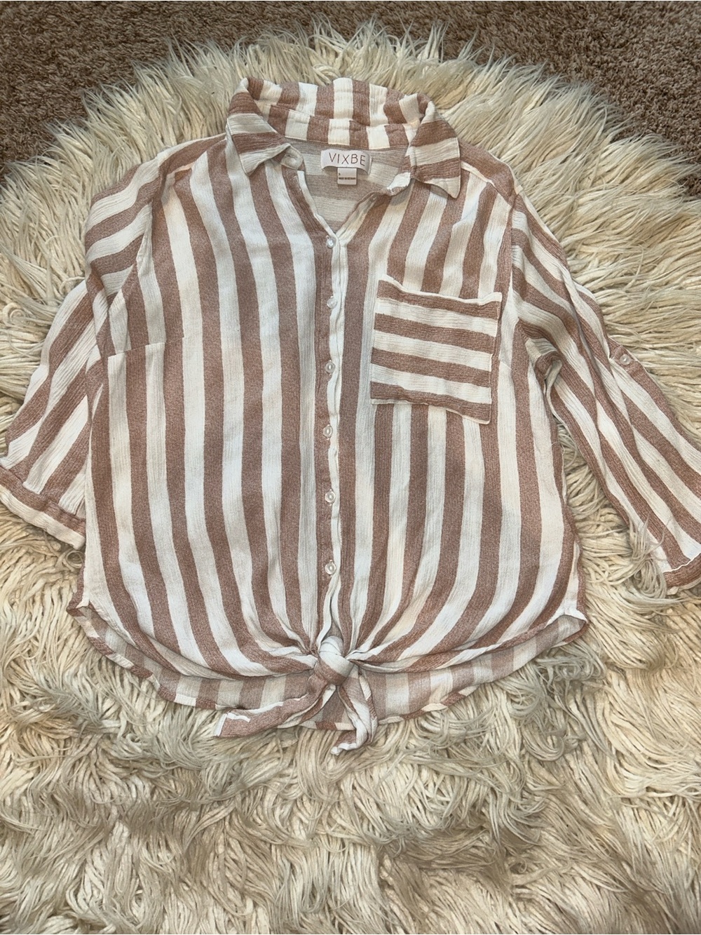 Vixbe women’s small Striped Button-Front Tie Hem top -Dusty pink and white